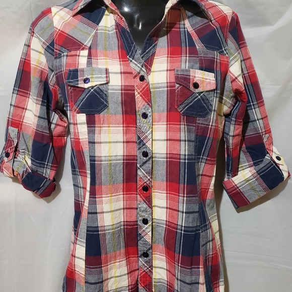 Passport Tops - Women Red, White, Blue plaid shirt